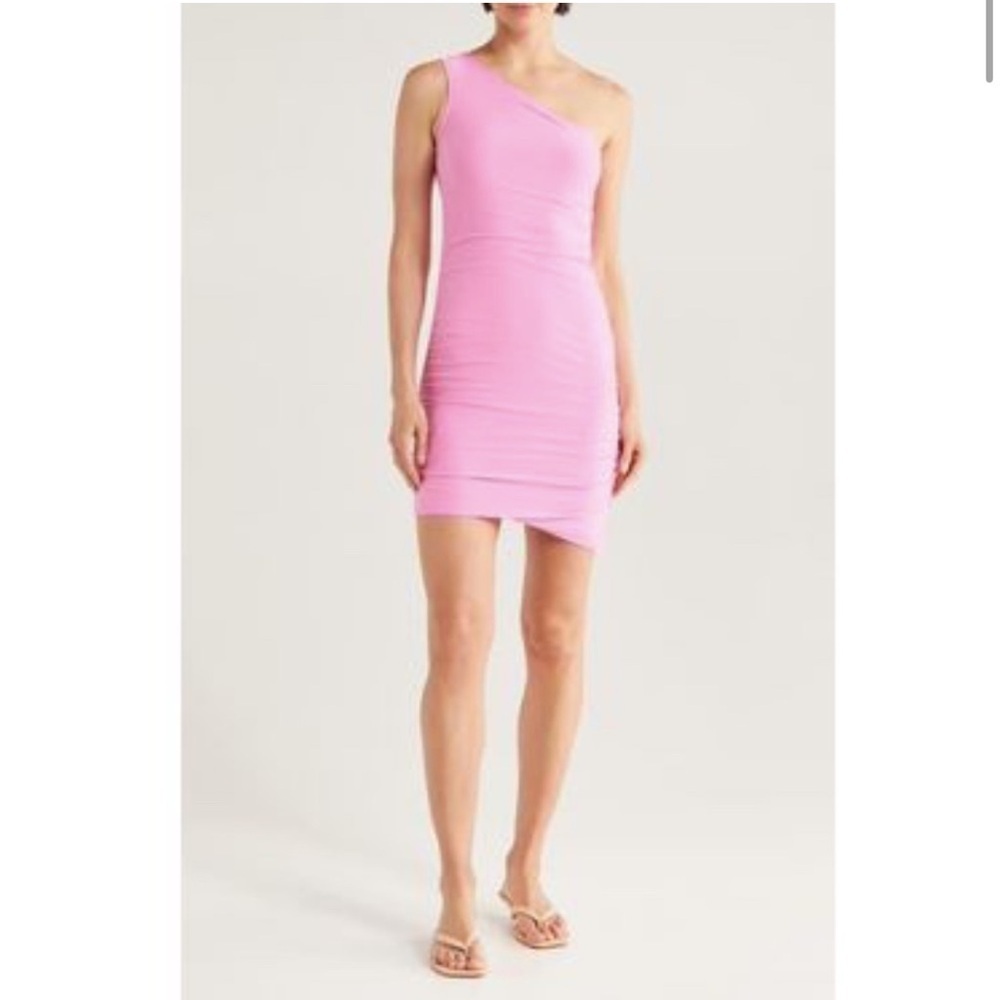 NWT Beyond Yoga Featherweight Carried Away One Shoulder Dress pink ruched